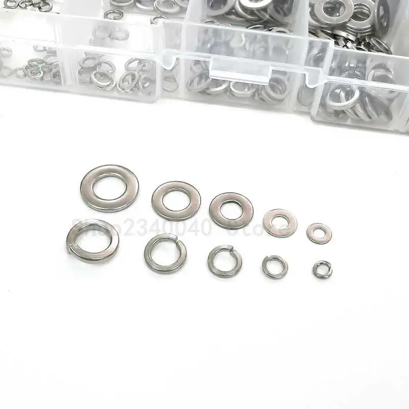 300pcs/box 304 Stainless Steel Flat Washer/Spring washer Assortment Set M2 M3 M4 M5 M6 Metal Lock Washer Abrasion Resistance |