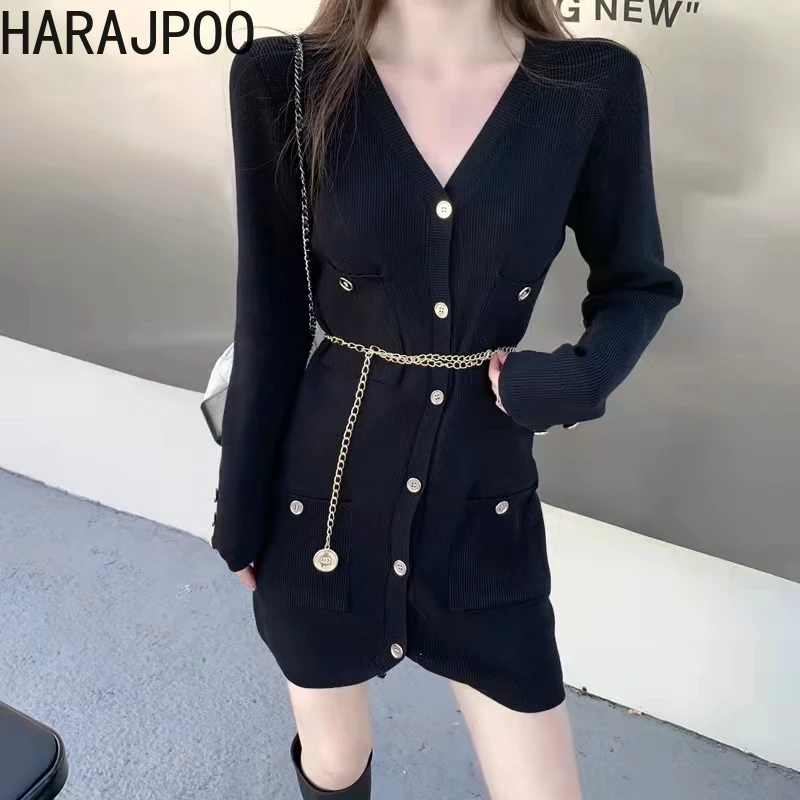 

Женское трикотажное платье Harajpoo, черное ТРАПЕЦИЕВИДНОЕ ПЛАТЬЕ С Длинным Рукавом и цепочкой, однотонное платье в готическом стиле, весна-осе...