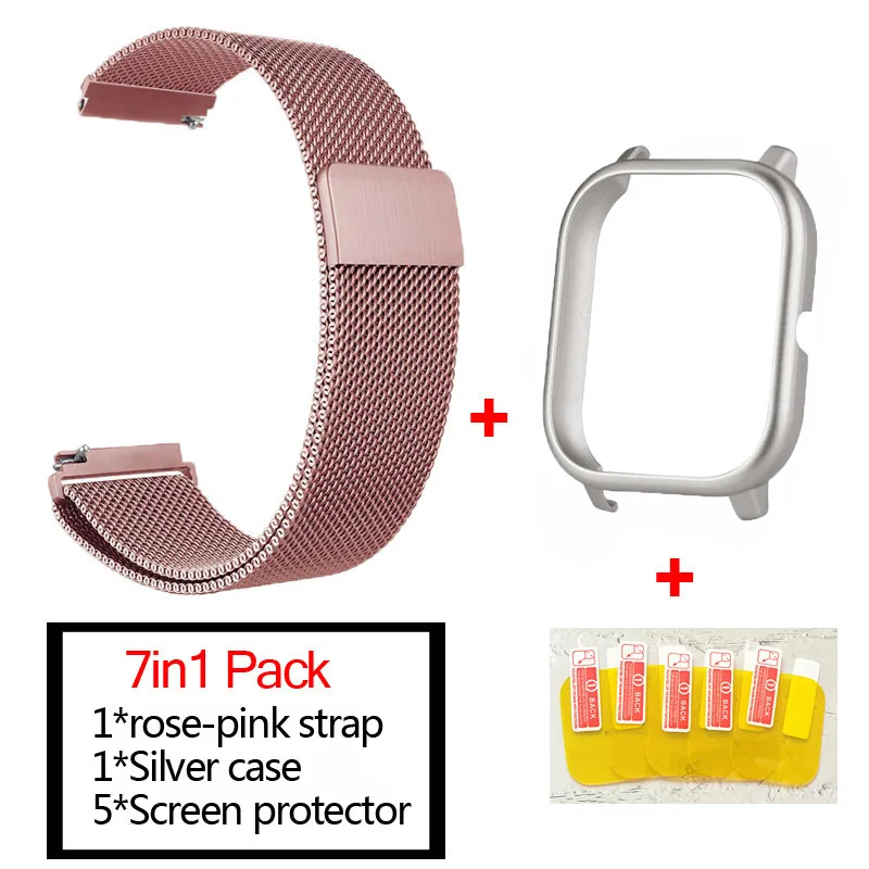 rose pink-silver 7в1 умные часы аксессуары для Huami Amazfit GTS ремешок из нержавеющей стали магнитный браслет для Amazfit gts чехол Защитная пленка - Цвет: rose pink-silver