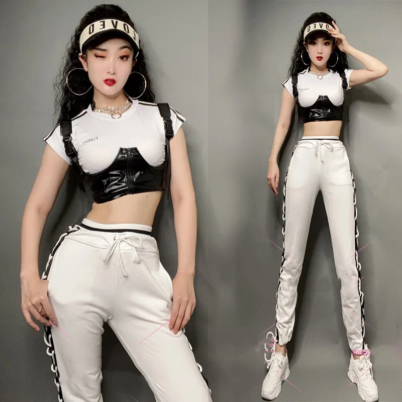 Костюмы в стиле хип хоп Женская джазовая одежда белые брюки с коротким рукавом