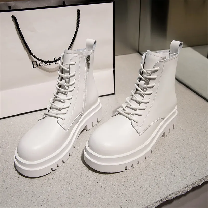 

Meotina Women Motorcycle Boots Shoes Real Leather Platform Mid Heel Ankle Boots Zip Lace Up Block Heels Lady Short Boots Beige