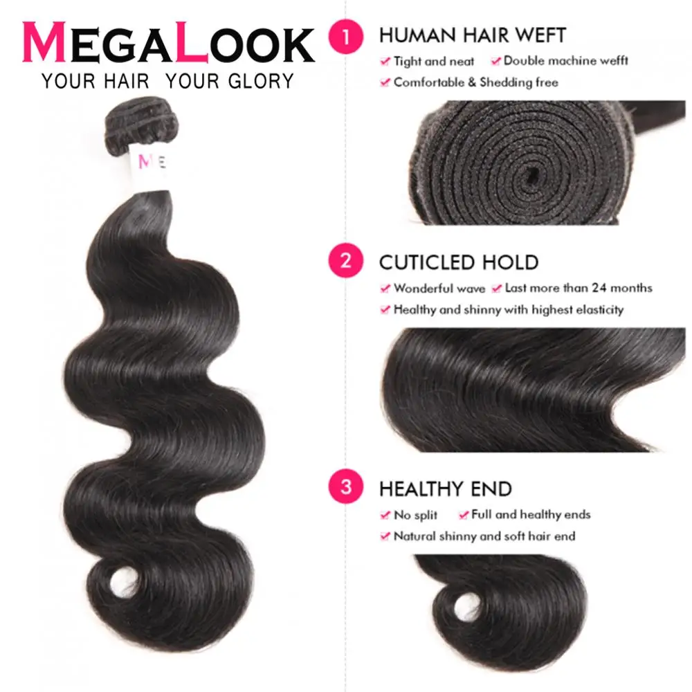 Body Wave Bundles With Closure 3 Remy Megalook Hair Brazilian Weave And | Шиньоны и парики