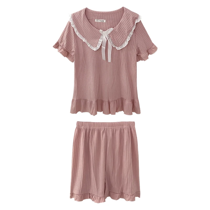 

Housewear women's 2021 new summer dress sweet lace bow thin loose short sleeve Shorts PAJAMAS two piece set