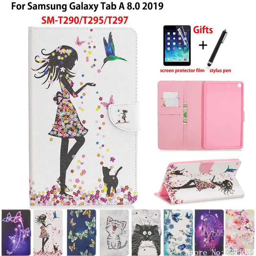 

SM-T290 Case For samsung galaxy tab A 8.0 2019 SM-T295 T290 T295 T297 Cover Funda Tablet Fashion Girl Cat Flip Stand Shell +Gift