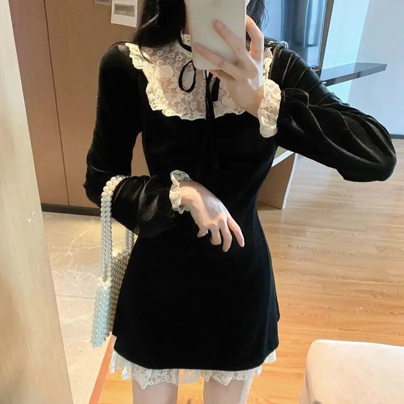 

S XL New Autumn Dress Girls Female Vintage Long Sleeve Women Dresses Robe Vestido Velvet Black Dress Christmas Party Lace Dress