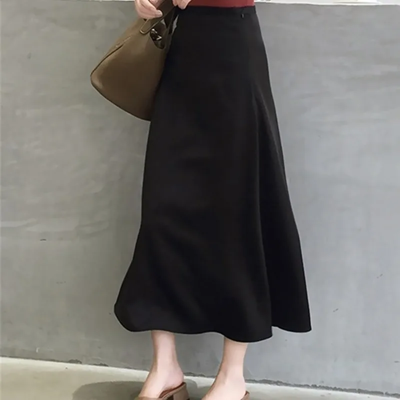 

Mazefeng 2020 Women's Skirtss Spring Fall Casual Vintage Solid Multi Colors High Waist Ankle-Length A-Line Satin Skirts