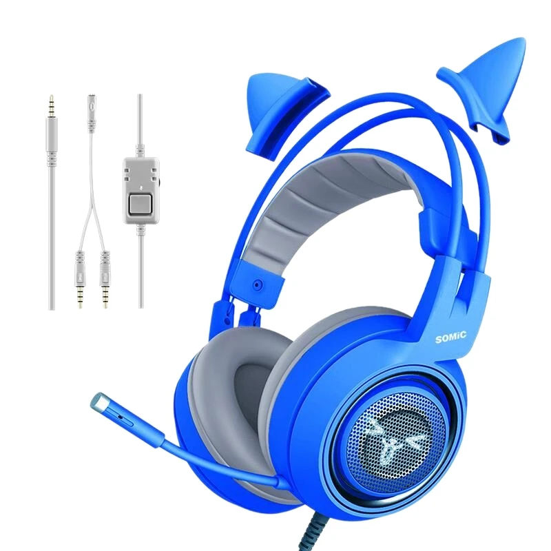 Kaufen Somic G952 BLAU Kopf-Montiert Headset Nette Katze Ohr 3,5 MM Gaming Kopfhörer Universal-Noise Reduktion Stereo Kopfhörer