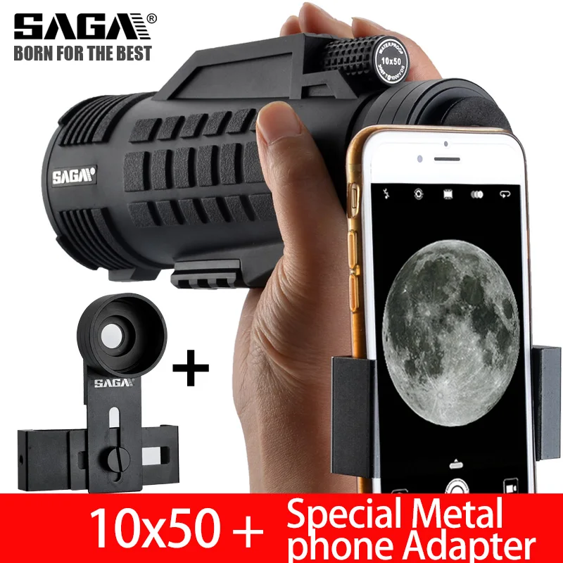 10x50Adapter SAGA Профессиональный монокулярный телескоп 8x42 12x50 мини telescopio BAK4 призма компактный охотничий низкий светильник ночного видения монокуляры - Цвет: 10x50Adapter