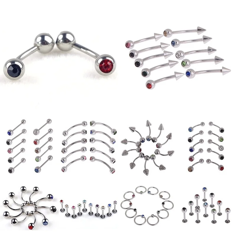 

100pcs/lot 10 Styles Crystal Rhinestone Navel Nose Ring Ear Stud Belly Tongue Lip Body Piercing Plug Tunnel Jewelry Wholesale