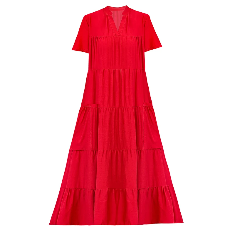 

2021 Summer Dresses For Women Vintage Summer Women Solid Color V-Neck Short Sleeve Loose Casual Midi Dress