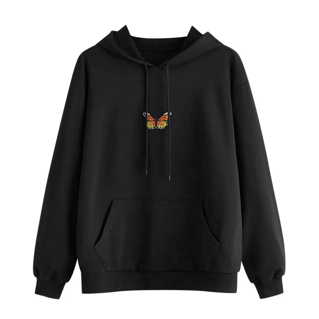 Women Butterfly Sweatshirt Long Sleeve Pocket Pullover Hoodie Tunic Top Blouse Las Mujeres Sweetshirts Спортивный Костюм Женск