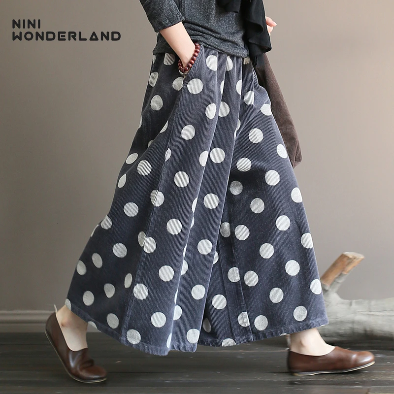 NINI WONDERLAND осень зима широкие брюки в горошек женские хлопковые вельветовые брюки женские повседневные брюки свободного размера плюс
