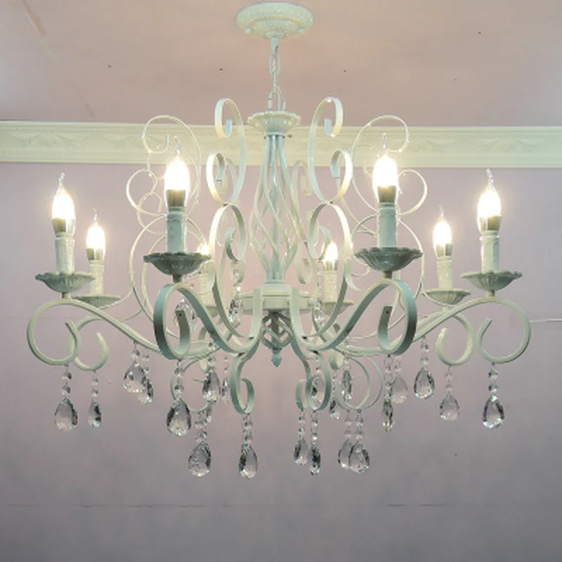Vintage Wrought Iron Crystal Chandelier E14 Candle Lights Lighting Fixture Retro White Metal Ceiling Lamp MING | Освещение