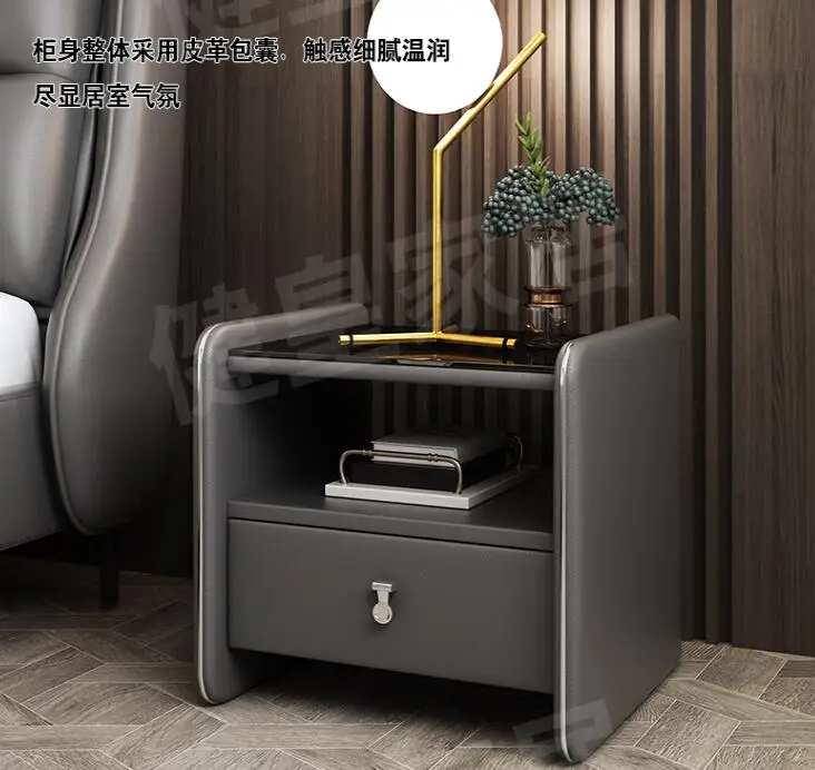 

Кожаный прикроватный шкаф, современный простой полностью из массива дерева, шкаф для спальни, минималистичный прикроватный шкаф для хранения, мини-шкаф, маленький дом