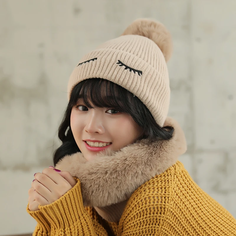 

Winter thick knit wool fur pom pom bunny hats for women balaclava designer beanie girl plush warm protection neck bonnet scarf
