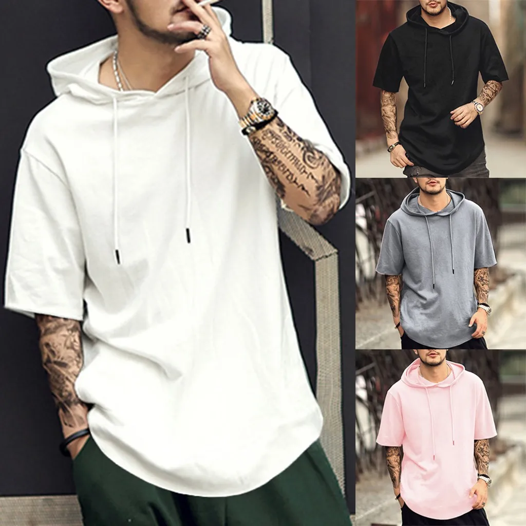 

Summer solid color top men's solid color drawstring hooded short-sleeved top fashion comfortable top 40*