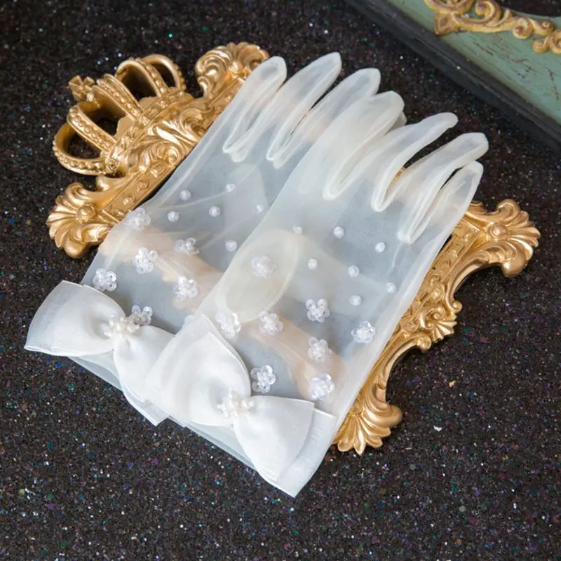 

Wedding Sheer Short Gloves Pearl Sequins Flower Beaded Bowknot Bridal Mittens