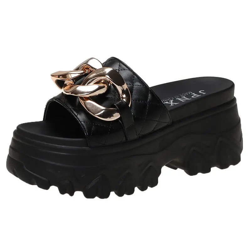 

Shoes Woman 2021 Slippers Heels Pantofle Lady Platform High New Flat Girl Summer Soft Scandals PU Chain Slides Shoes Women Fema