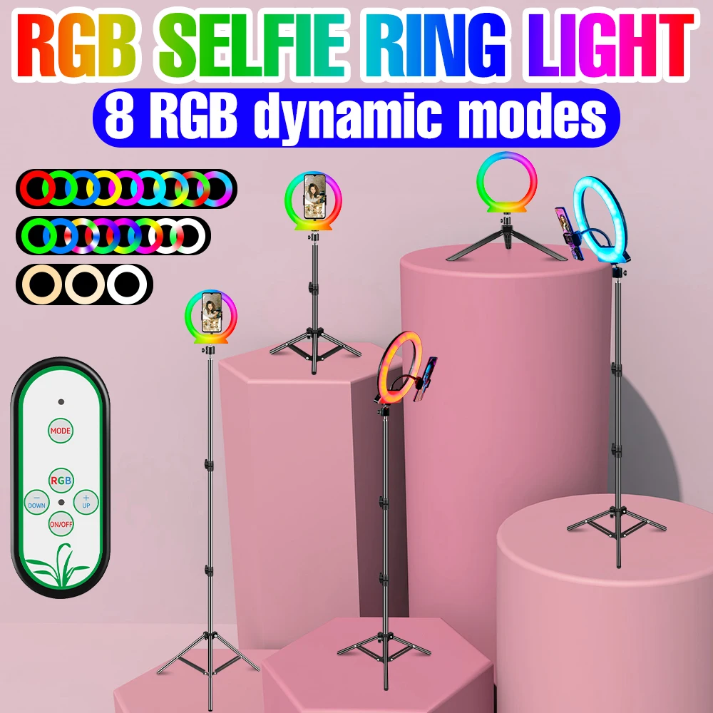 

Кольцевой светодиодный RGB светильник для селфи, круглая лампа с регулируемой яркостью, с USB и зажимом для телефона, кольсветильник светильни...