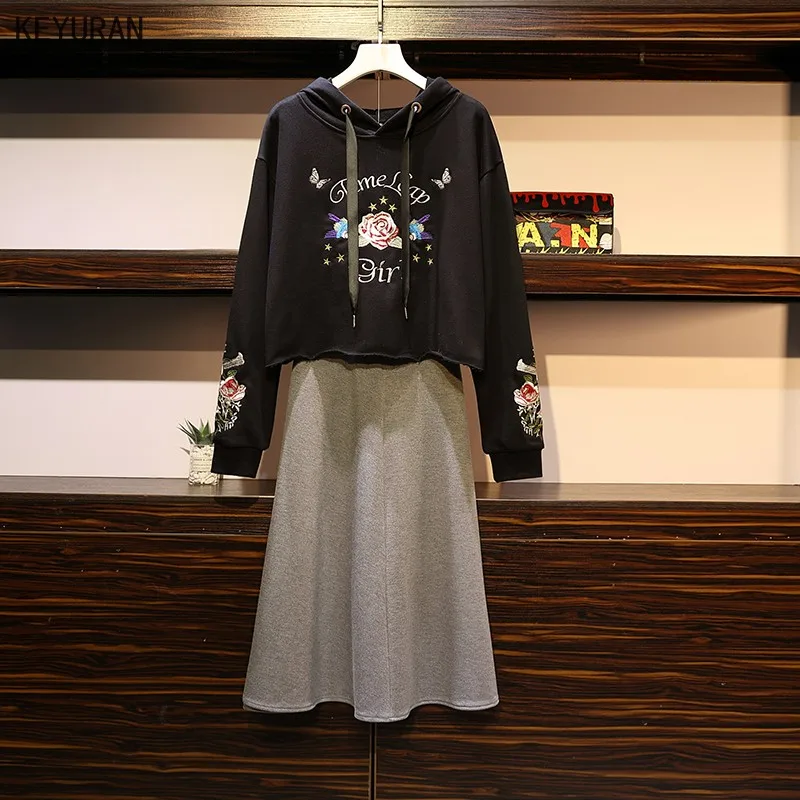 Женский костюм размера плюс толстовка с капюшоном топ цветочной вышивкой и юбка