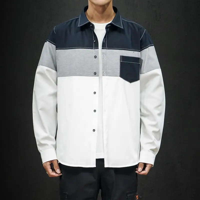 

Рубашка мужская оксфордская с отложным воротником, пэчворк, на одной пуговице, с длинным рукавом, с одним карманом, повседневная одежда