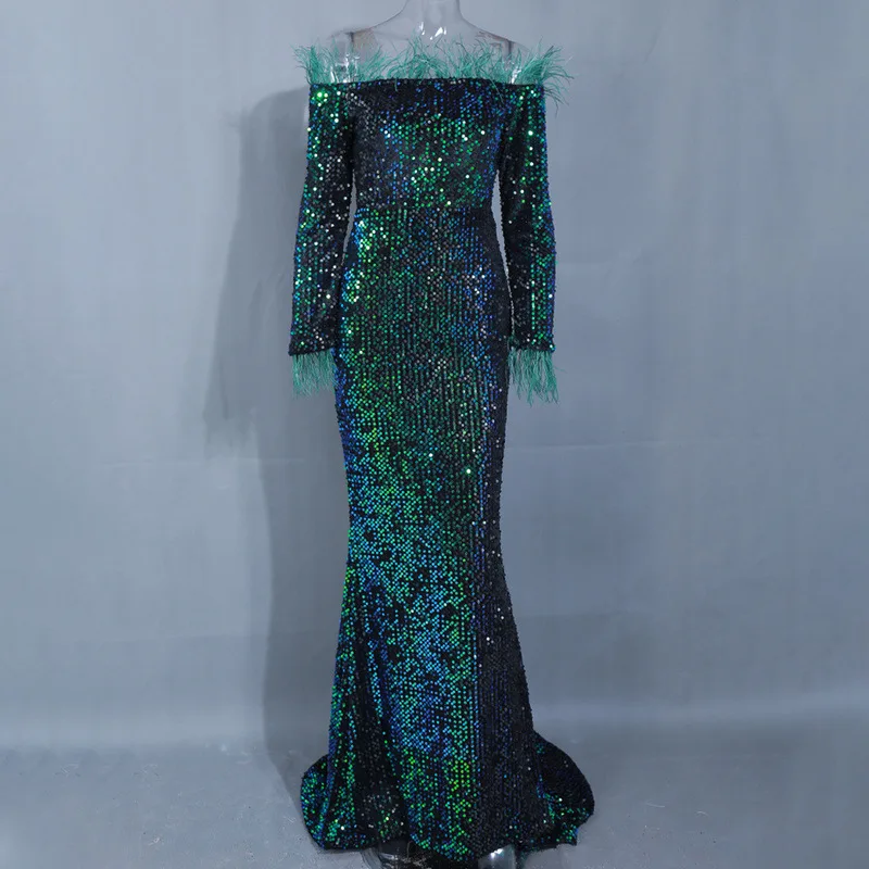 

Chic Vintage Mermaid Off Shoulder Sequine Lady Burgundy Party Dress Black Elegant Formal Back To School Dance Long With Feather