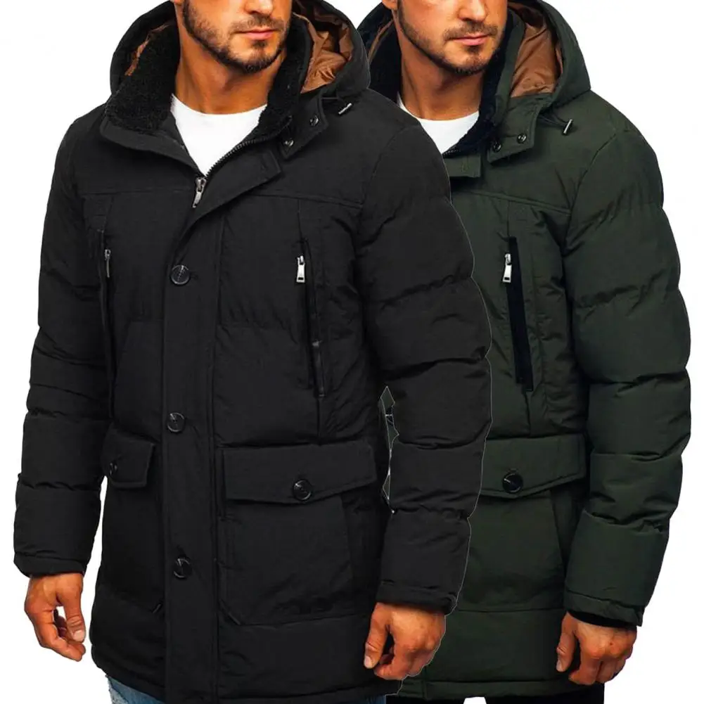 Hooded Jacket Thickened Zipper Closure Stand-up Collar Single Breasted Winter Coats for Men