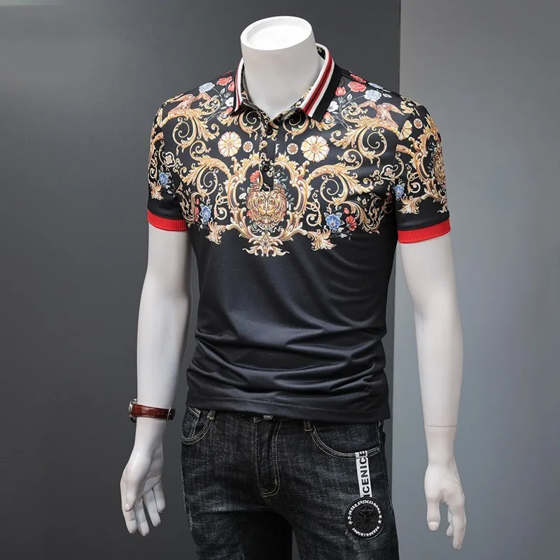 

New European Summer Brand Mens Short Sleeve Turn Down Collar Tees Top Fashion Vintage Priting Slim Fit Male T-Shirts Plus Size