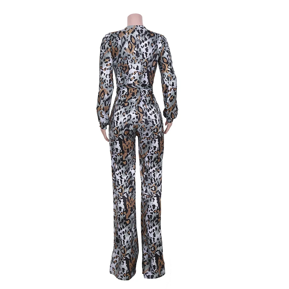 

Reap Picutures Lady's Sexy Clubwear Jumpsuits With Leopard Printing 2021 Spring Deep V-neck Sashes Lace-up Straight Rompers