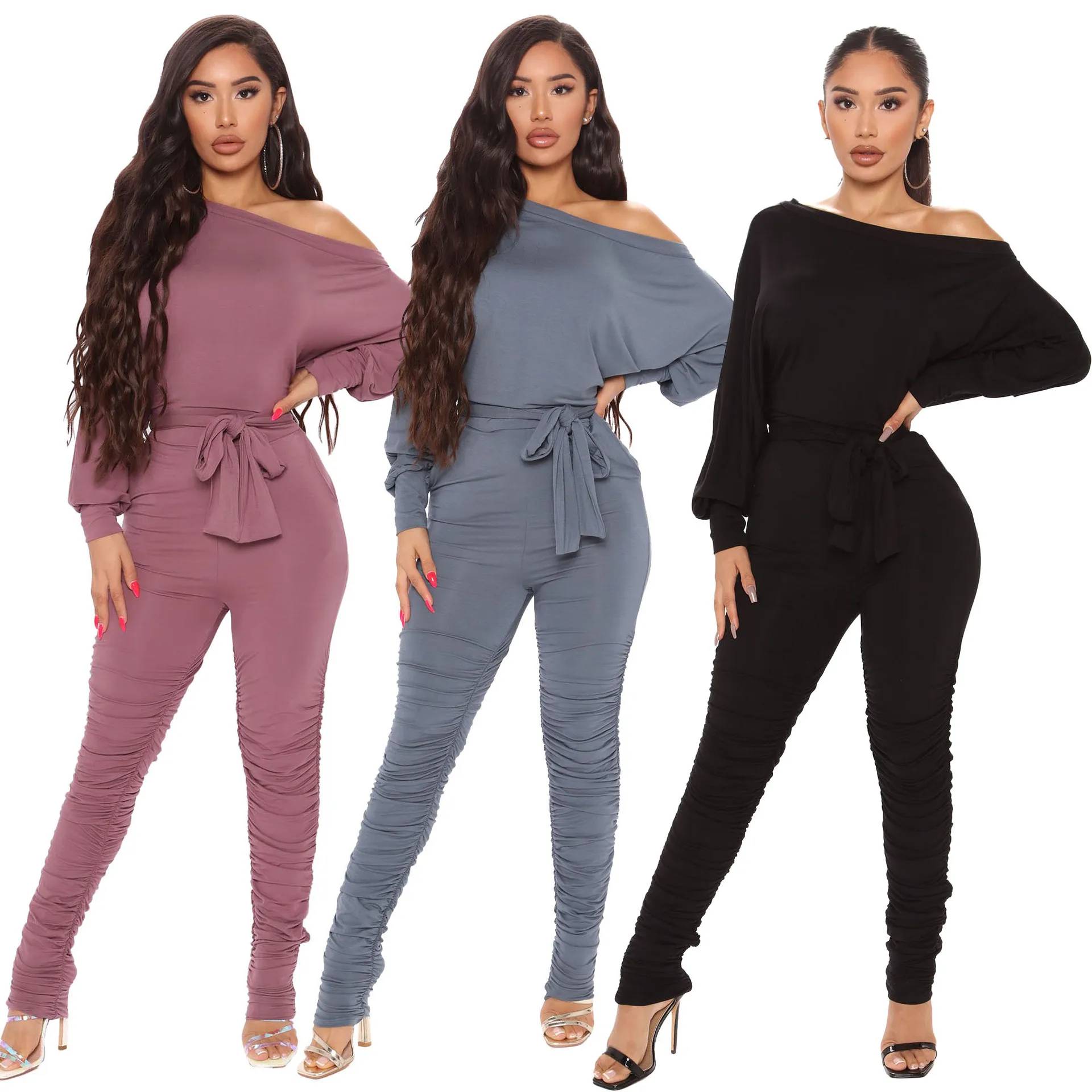 

Womens One Off Shoulder long Sleeve Ruffle Long Pants Bodycon Jumpsuit Rompers