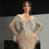 luxury crystals deep v neck mermaid evening dress with beading tassle women wedding formal party prom gowns graduation dresses