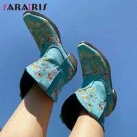 sarairis vintage female boots slip on flower pointed toe chunky heel platform cowgirl cowboy shoes embroidery riding boots