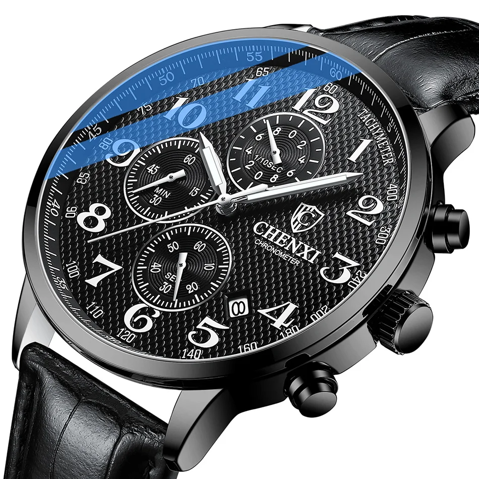 Fashion Dress Watches Men Black Genuine Leather Multi Function Chronograph Sport Casual Brand Male Quartz Wristwatch Auto Date