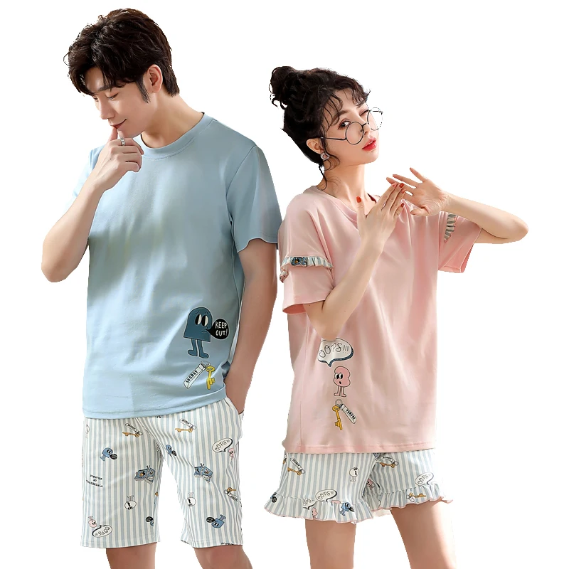 

Cotton Round Collar Leisure Men's Homewear Cute Cartoon Sleepwear Couple Nightwear Suit Summer Short Sleeve Stripe Women Pajamas