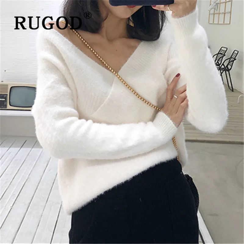 RUGOD Vintage One Shoulder Sexy Sweater Fuzzy Pullover Solid Jumper Winter Tops For Women Knitwear Stripe Plus Size Korean Style | Женская
