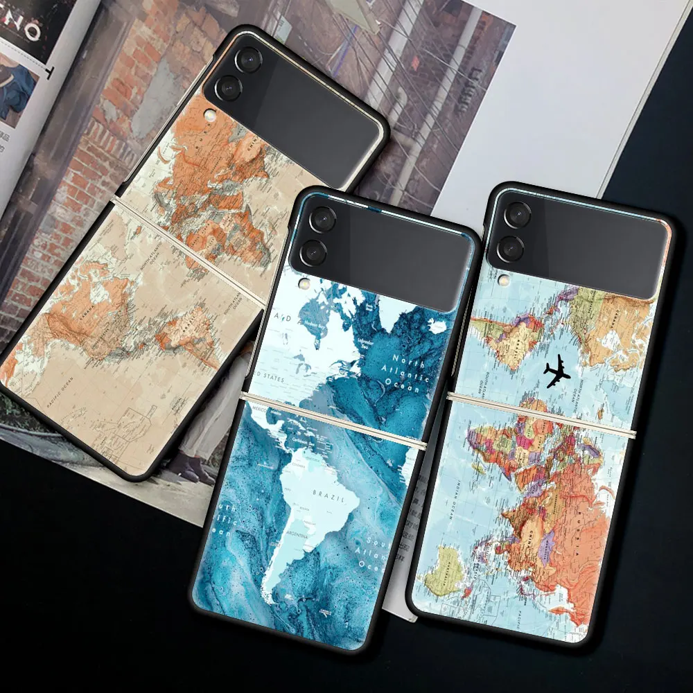 

Movil Phone Case for Samsung Galaxy Z Flip 3 5G Protective Shell Black Cubre Hard Coque Z Flip3 6.7 "Cover World Map Travel