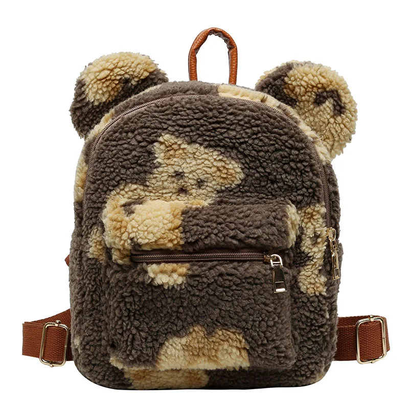 Bear Printing Faux Fur Shoulders Bag Bear Ears Plush Women Backpack Cute Furry Women Bag NEW Winter Bags For Women 2022 New