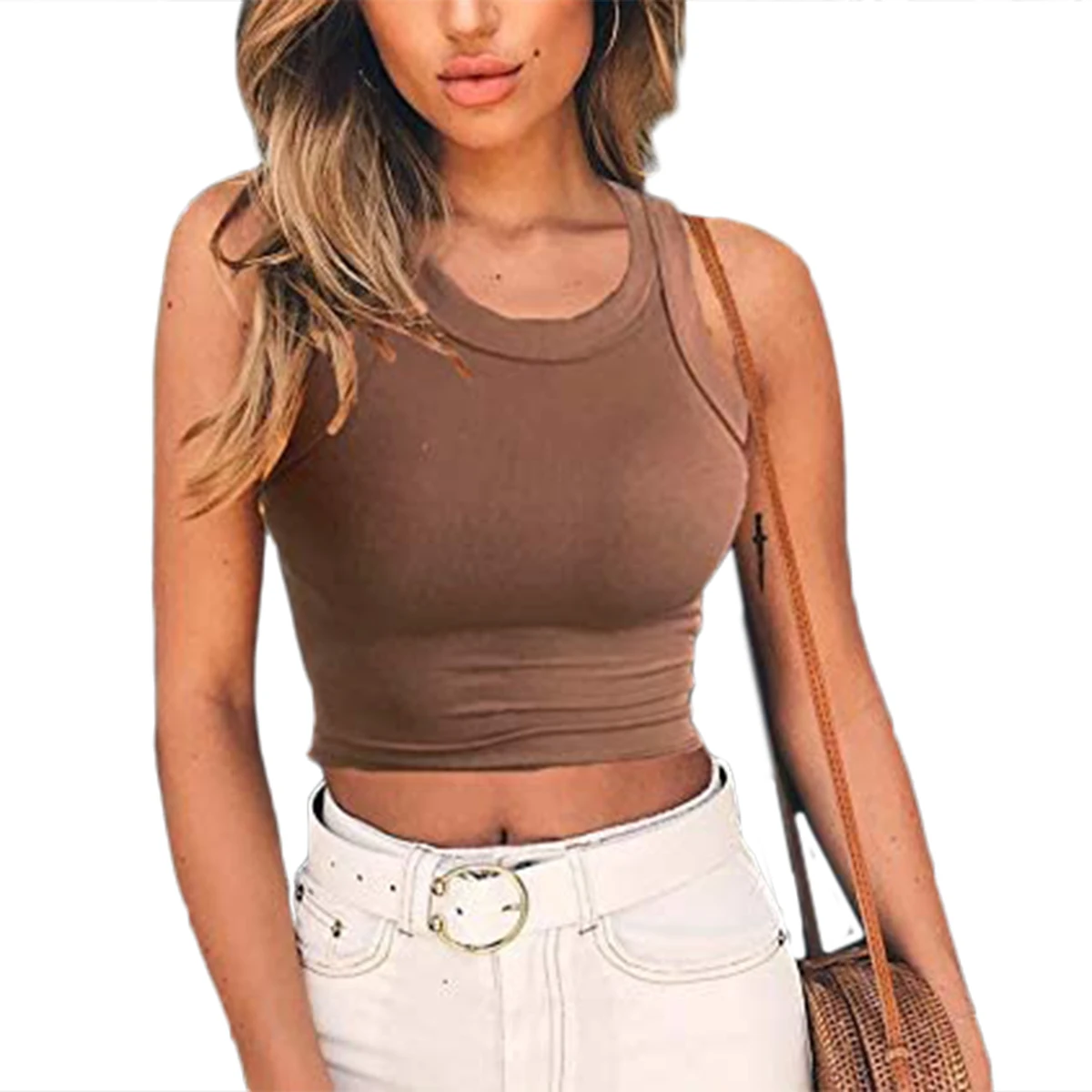 Новый топ без рукавов с круглым вырезом Женская Спортивная одежда для фитнеса