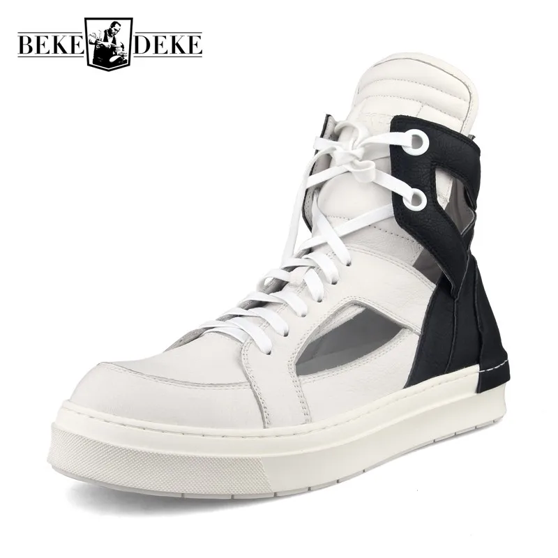 

High-Top Breathable Mens Cowhide Round Toe Casual Shoes Lace Up Genuine Leather Non-slip Thick Bottom Outdoor Male Active Shoes