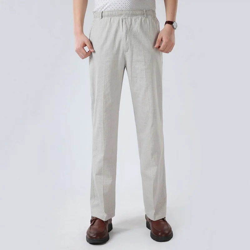 

Puimentiua Summer Men Solid Color Linen Pocket Straight Casual Pants Large Size Breathable Comfortable Drawstring Loose Trousers