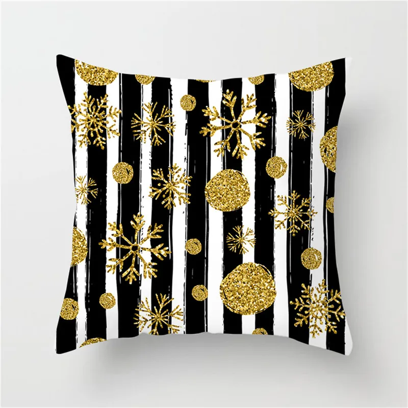 Белая наволочка в золотую полоску со звездами и снежинками декоративная для