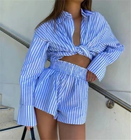 vertical stripes loose long sleeved shirt elastic waist loose shorts two piece fashion suit