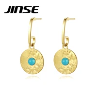 jinse korean golden stainless steel round card eye sun turquoise beads hoop earrings for women fashion jewelry coin huggie gifts