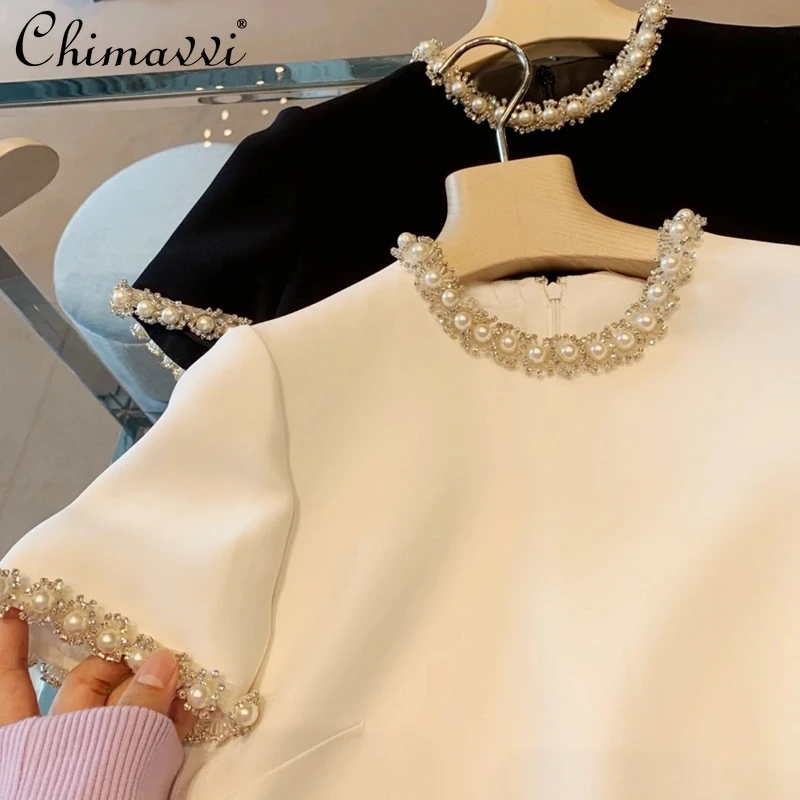 

Retro Style Short Sleeve Beaded Rhinestone Solid Color Short Dress Women Round Collar A- Line Loose Dress Casual Fashion