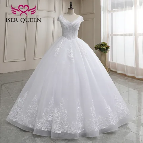 Бальное платье с V-образным вырезом и коротким рукавом-крылышком, свадебное платье белого цвета с тяжелыми кристаллами и жемчужинами, китайское платье невесты WX0182