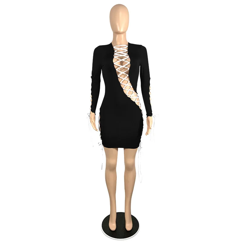 

Club Outfits for Women Sexy Irregular Collar Long Sleeve Drawstring Hollow Out Decoration Mid Waist Dress Wholesale Dropshipping