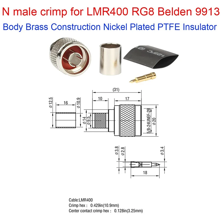 Pack of 10 N Male Plug Crimp Rf Coaxial Connector 50 Ohm for LMR400 RG8 Nickel Machined Brass Construction | Обустройство дома