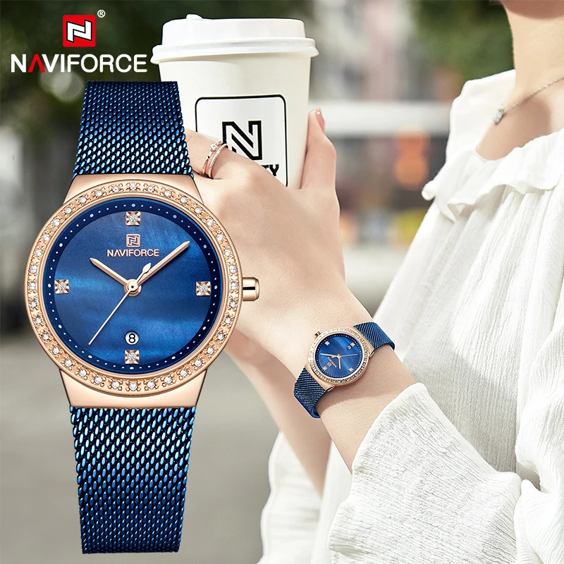 NAVIFORCE Роскошные модные женские часы водонепроницаемые из нержавеющей стали