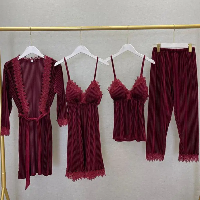 

Women Striped Velour Pajamas Set Lace Trim 4PCS Sleepwear Autumn V-neck Robe Suit Velvet Sleep Set Casual Nightwear Home Clothes