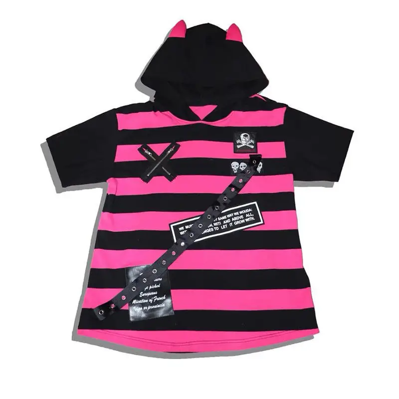 

Summer Japan Style Emo T Shirt Women Striped Graphic Tee Y2k 2000s 2021 Fashion Punk Girl Funny Ears Hooded Gothic Alt Clothes